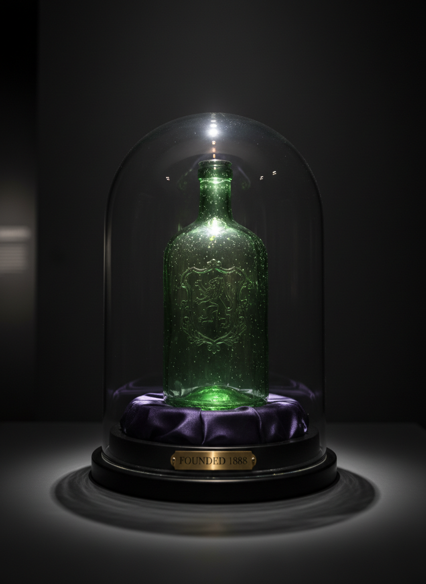A polished glass display dome resting on a dark, satin-lined plinth, encasing a single iconic corporate artefact: a beautifully preserved, hand-blown green glass bottle with an embossed crest and slightly imperfect, wavy surface. Tiny air bubbles in the glass catch the light. Around the base, a small brass plaque bears the company’s founding date in engraved serif letters. The environment is a dim, luxurious gallery corner with matte charcoal walls. A narrow spotlight from above creates a dramatic halo on the bottle, highlighting reflections and casting a crisp circular shadow of the dome. Photographic realism, shot at a slightly low angle with shallow depth of field, keeping the artefact razor-sharp while the background melts into velvety darkness, evoking rarity and reverence.