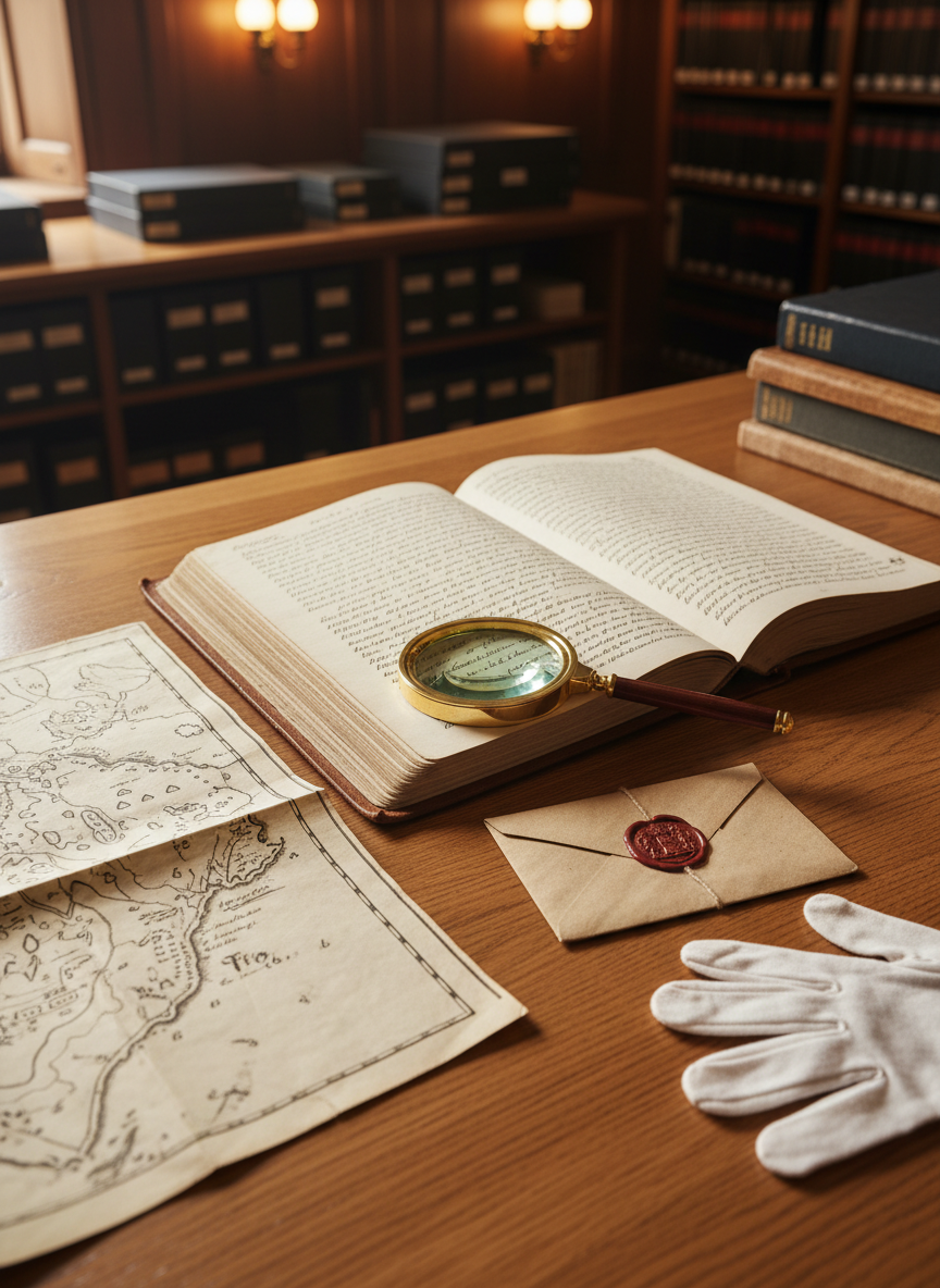 A richly textured archival reading table displaying the research story behind an ancient company. On a broad, honey-toned oak table lies an open, centuries-old ledger with flowing ink script, a magnifying glass with a brass rim, a folded map with delicate creases, and a small, sealed envelope marked with a wax crest. A cotton glove rests neatly folded at the corner, hinting at careful handling without showing any wearer. Soft, indirect daylight filters in from an unseen window, blending with warm library sconces to create a gentle, even glow and subtle paper shadows. Photographic realism, captured from a slightly elevated three-quarter angle with moderate depth of field, allowing the foreground objects to stand out while rows of blurred archival boxes and leather-bound volumes recede into a sophisticated, scholarly background.