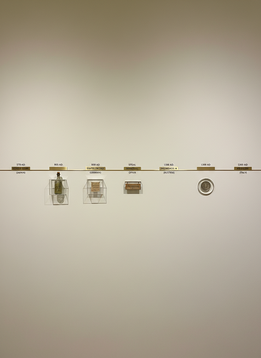 An elegant, horizontally oriented timeline installation on a museum wall, showing the founding dates of the world’s oldest surviving companies. Slim brass lines run across a matte ivory wall, with small, engraved metal plaques indicating years and company names. Between some dates, miniature replicas of iconic artefacts—an ancient bottle, a weathered shop sign, a stamped coin—are mounted in shallow glass niches. Diffused gallery lighting from a recessed ceiling wash creates a soft, even glow, allowing the metallic details to gently shimmer. Photographic realism, captured straight-on with a wide lens, ensuring sharp focus across the entire timeline. The mood is scholarly and sophisticated, with a clean, minimalist composition that invites viewers to trace the long arc of commercial history.