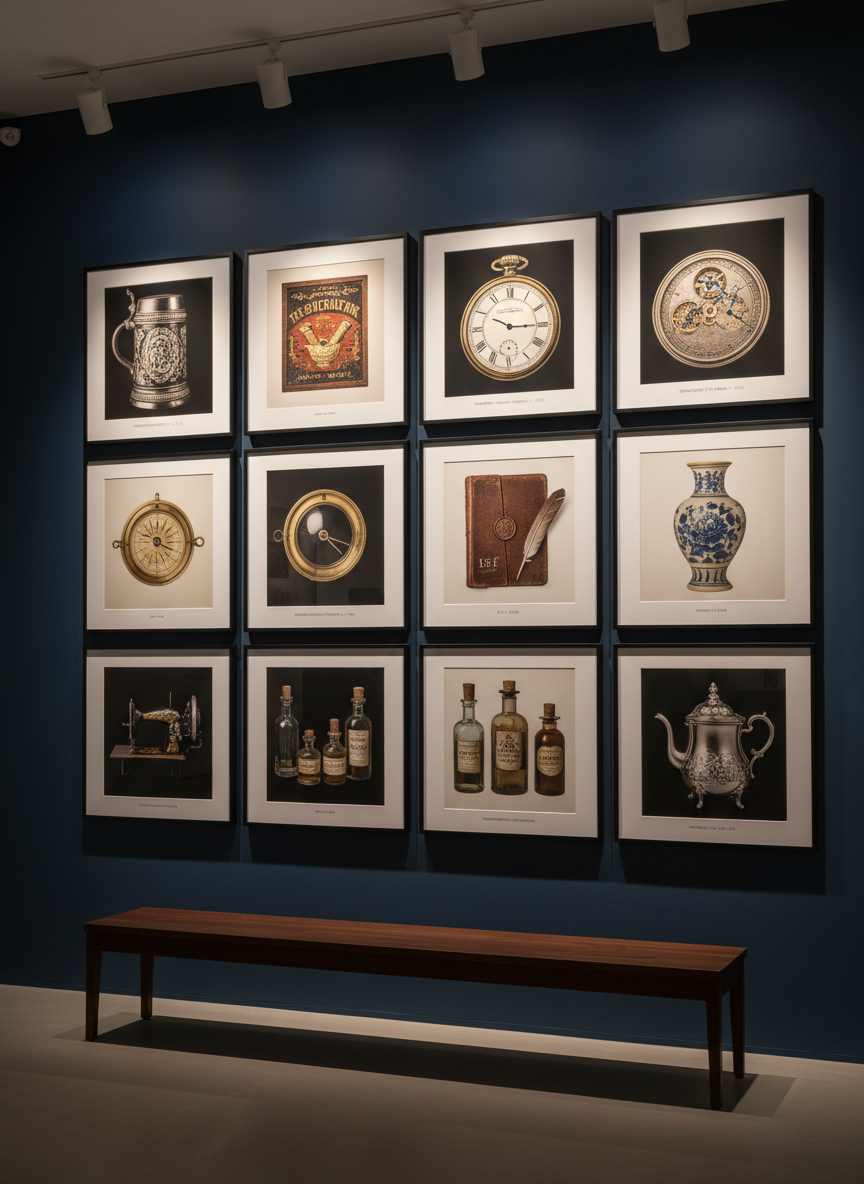 A curated gallery wall featuring large, framed photographic portraits of artefacts from venerable companies: a close-up of a centuries-old beer stein, a detailed shot of a hand-carved wooden shop sign, the intricate dial of an antique watch. The frames are slender black metal with white mats, aligned in a precise grid against a deep midnight-blue wall. A slim museum bench of dark walnut sits below, empty, emphasizing the objects. Warm, adjustable track lighting creates focused beams on each frame, producing subtle vignettes and soft shadows on the wall. Photographic realism, captured from a slightly angled perspective to show the length of the wall, with strong linear perspective lines. The atmosphere is refined and contemplative, ideal for a sophisticated artefact museum website hero image.
