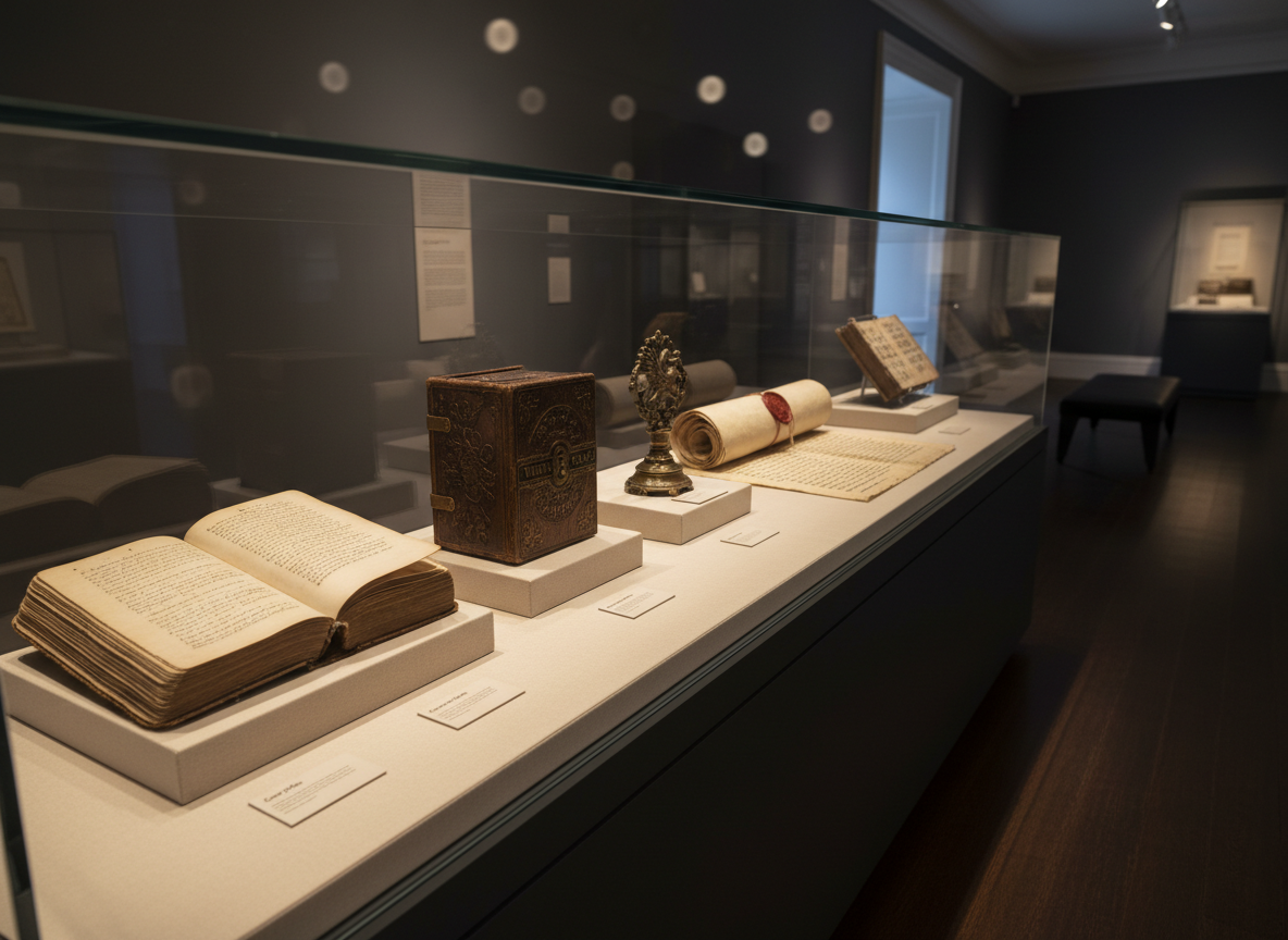 A meticulously arranged display of historical artefacts from centuries-old companies, laid out in a long glass-topped museum case. Inside, aged ledgers with yellowed pages, an embossed leather-bound account book, an ornate brass company seal, and a faded parchment charter with wax seal are presented on cream linen mounts. Discreet labels sit beside each object. The scene is set within a refined, dimly lit gallery with dark wood floors and deep charcoal walls. Soft, focused museum spotlights cast gentle pools of light, creating subtle reflections on the glass and delicate shadows beneath each artefact. Photographic realism, shot at eye level with a moderate depth of field, emphasizing clarity and sophistication while the distant background softly blurs to maintain a calm, contemplative atmosphere.